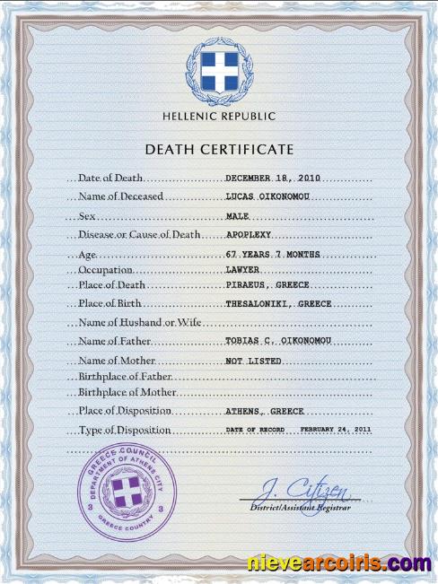 Greece vital record death certificate